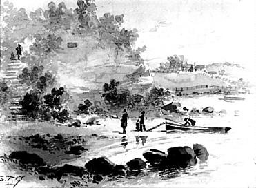 Pencil drawing by Samuel Thomas Gill of Captain Cook's Landing Place, 1856. Alpha Farm is to the right. In 1822 the Philosophical Society fixed a tablet to the rocks east of Inscription Point to commemorate the landing. Cook landed in front of Alpha House. National Library of Australia