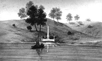 Thomas George Glover's painting of Holt's obelisk at high tide, 1878.  National Library of Australia