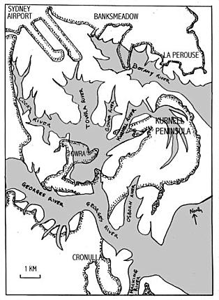 The ancient river system in relation to the Kurnell Peninsula today, sketched from geophysical reports.