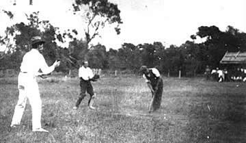 Enjoying a game of cricket on the Reserve cricket pitch, 1930s. This was the same cricket pitch on which Prince George, heir to the British throne, and his brother Prince Albert enjoyed a game of cricket on in 1881. Cox/Morgan 