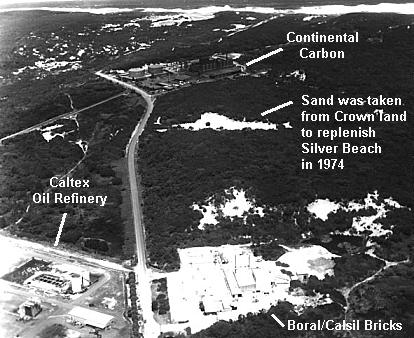 Aerial view of Caltex, Calsil/Boral Bricks and Continental Carbon industrial plants, 1999.  
