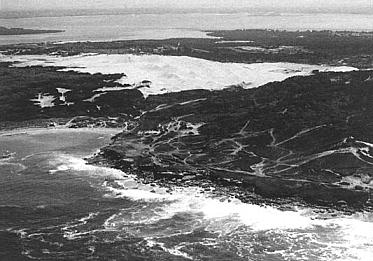 Aerial view of the sand dunefields in the 1920s shows that dunes are still largely covered by vegetation (right middleground). Boat Harbour is in the left foreground and Quibray Bay and Botany Bay in the background. (Photo: Sutherland Library)