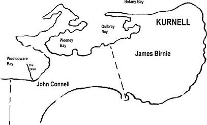 Map of land ownership on the Kurnell Peninsula, about 1821.