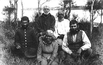 Aboriginal workers on the Holt Sutherland Estate, 1880. Jim Brown (uniform) known as 'Jimmy the loafer'; Joe Brown (back, wearing dark coat); Joey a tribal Elder and brother to Biddy Giles; Biddy Giles, widow of 'King Kooma' the last king of the Georges River tribe, (after her husband died, Biddy married Englishman Billy Giles and lived on Blaxland's Old Farm); Jimmy Lowndes, expert horseman and lassoer (he drove a bullock team for Holt and was also a great athlete and deadly with a gun). Daphne Salt