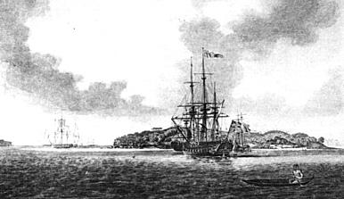 The First Fleet at Anchor in Botany Bay, 1788. An Aborigine in a bark canoe is seen in the foreground. Mitchell Library