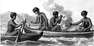 Aborigines fishing with lines, and cooking fish in their canoes, painted by Governor Phillip Gidley King 1790. Mitchell Library